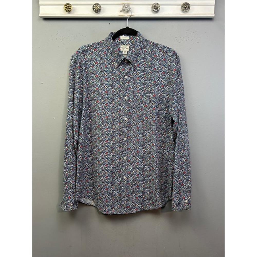 J.Crew Shirt Mens Medium Blue Floral Secret Wash Organic Cotton Classic Button